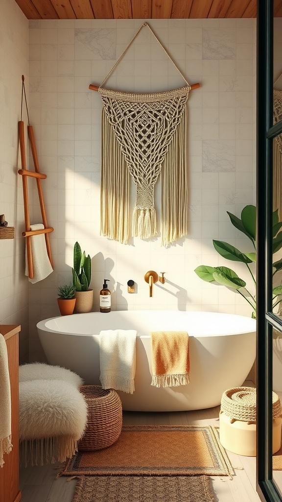 A cozy boho luxe bathroom with a freestanding tub, macramé wall hanging, plants, and warm-toned decor.