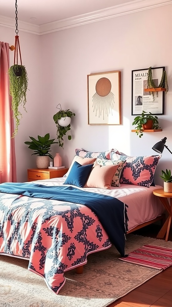 A stylish bohemian bedroom showcasing pink curtains, navy walls, colorful bedding, and decorative plants.