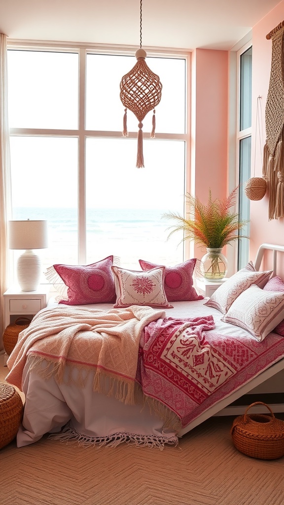 A boho style bedroom with pink walls, cozy bedding, and ocean view