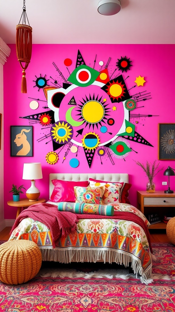 A vibrant pink boho bedroom featuring a large rose mural and colorful decor.