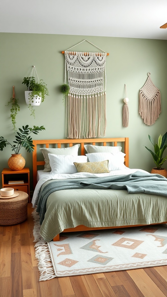 A boho style bedroom featuring sage green walls, wooden furniture, and various decorative elements.