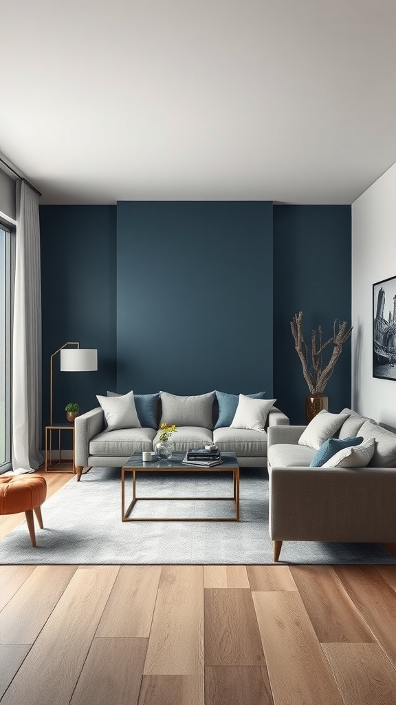 Living room featuring a dark blue accent wall, modern furniture, and a mix of textures.