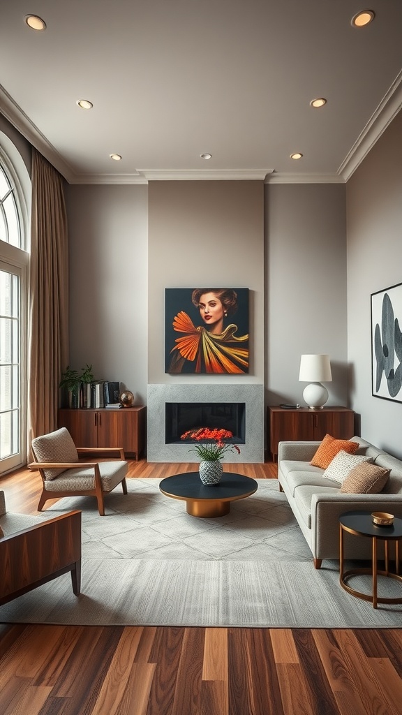 A stylish living room featuring Mid-Century Modern design with bold Art Deco artwork above the fireplace.