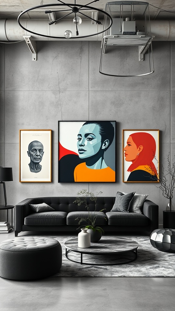 A modern living room featuring vibrant art pieces on a concrete wall, with a dark sofa and round coffee table.