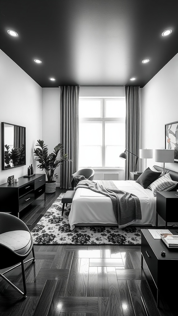 A modern bedroom featuring a bold black and white color scheme with elegant furnishings and natural light.