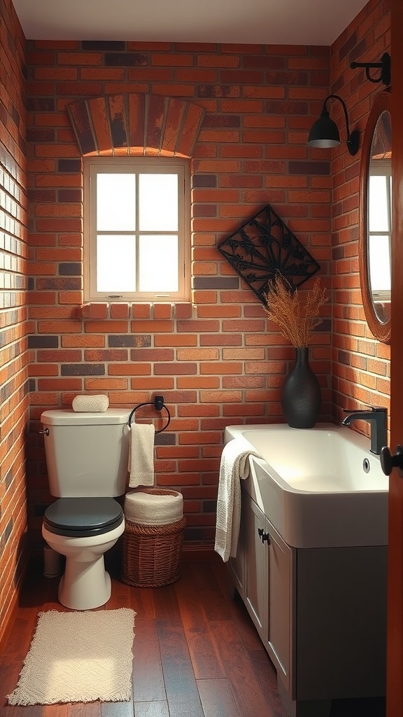 A bathroom with brick red walls, wooden flooring, and modern fixtures.