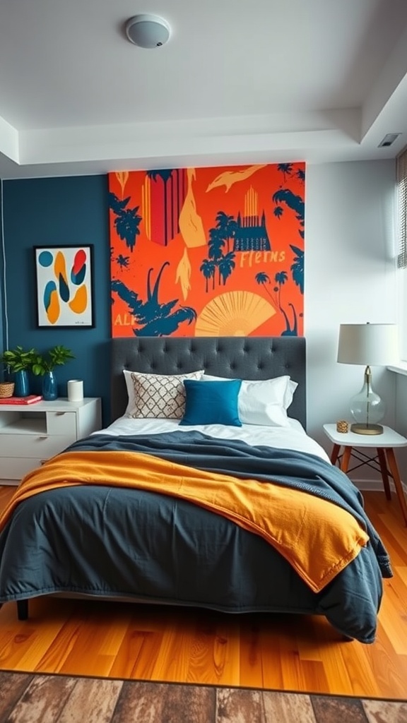 A stylish bedroom featuring a bold patterned accent wall in vibrant colors, complemented by navy bedding and orange accents.