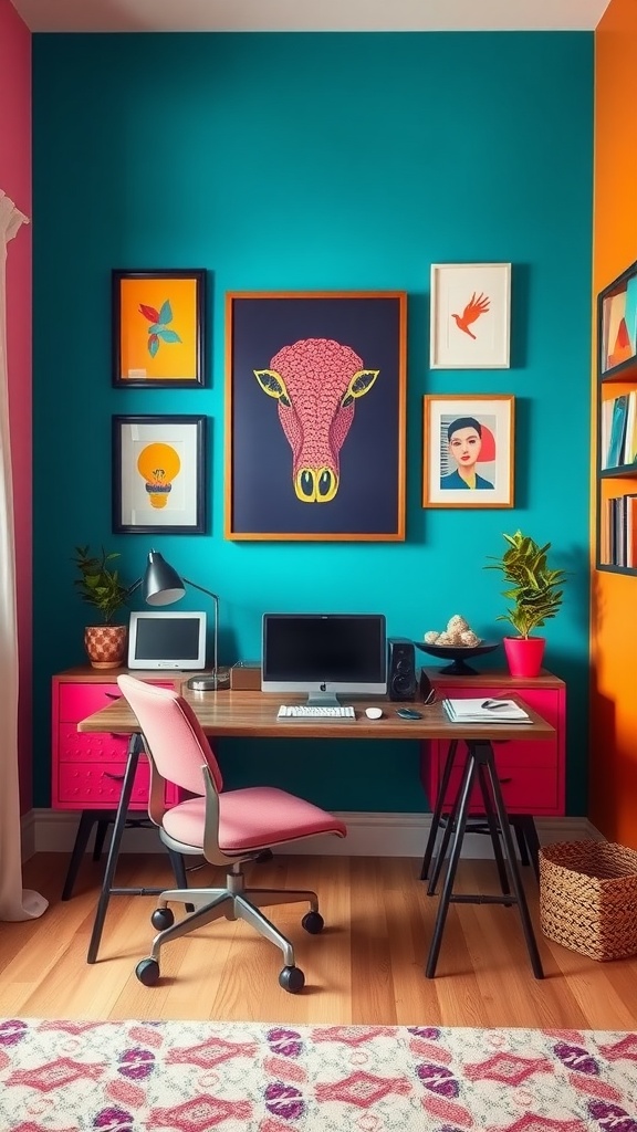 A modern home office featuring a turquoise wall, pink accents, and colorful artwork