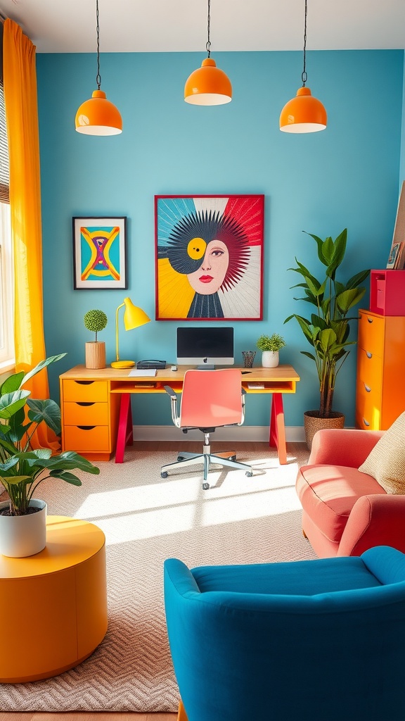 A bright and colorful small home office setup featuring blue walls, orange lighting, and vibrant furniture.