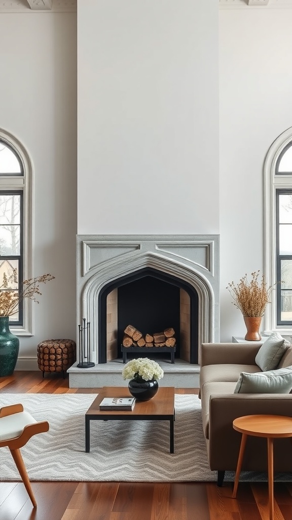 A modern living room featuring a bold Gothic-style fireplace with a neutral palette, surrounded by minimalist furniture.