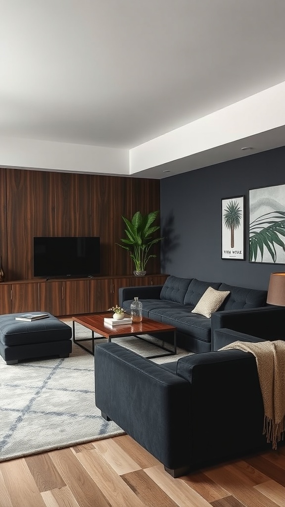 A modern living room featuring a dark navy color palette with a plush sofa, wooden coffee table, and decorative plants.