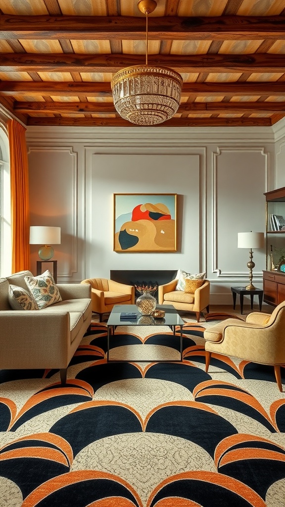 A stylish living room featuring bold geometric patterns in the area rug, blending Art Deco with contemporary design.