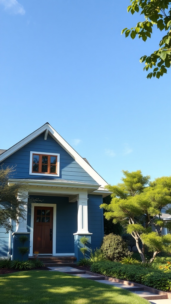 A home with bold gray blue exterior paint, white trim, and a wooden front door surrounded by greenery.
