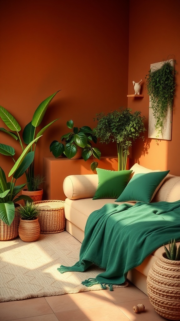 Cozy corner with a green sofa and terracotta walls adorned with plants