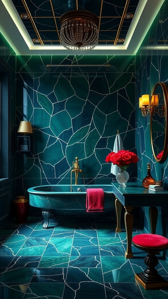 A luxurious bathroom featuring bold jewel tones with rich green and blue tiles, accented by gold and soft lighting.