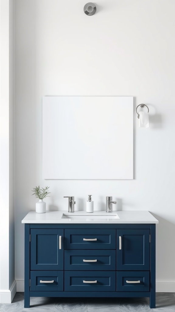 A modern bathroom vanity in bold navy blue with a white countertop and minimalist decor.