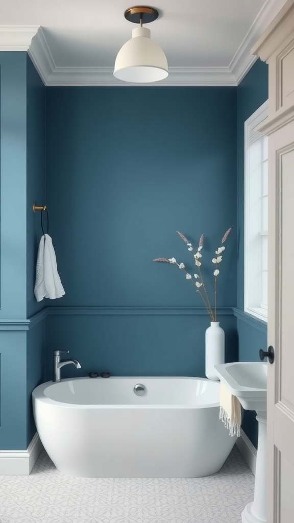 A serene bathroom with bold ocean blue walls, a white bathtub, and minimalistic decor.