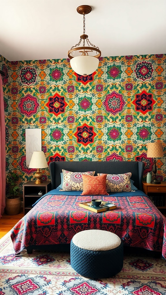 A cozy Boho bedroom featuring bold patterned wallpaper in vibrant colors, with a bed, decorative pillows, and natural light.