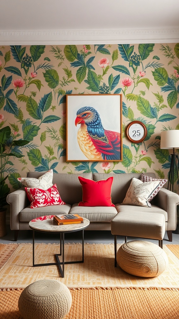 A cozy living room featuring vibrant botanical wallpaper, a parrot painting, and a mix of colorful cushions on a gray sofa.