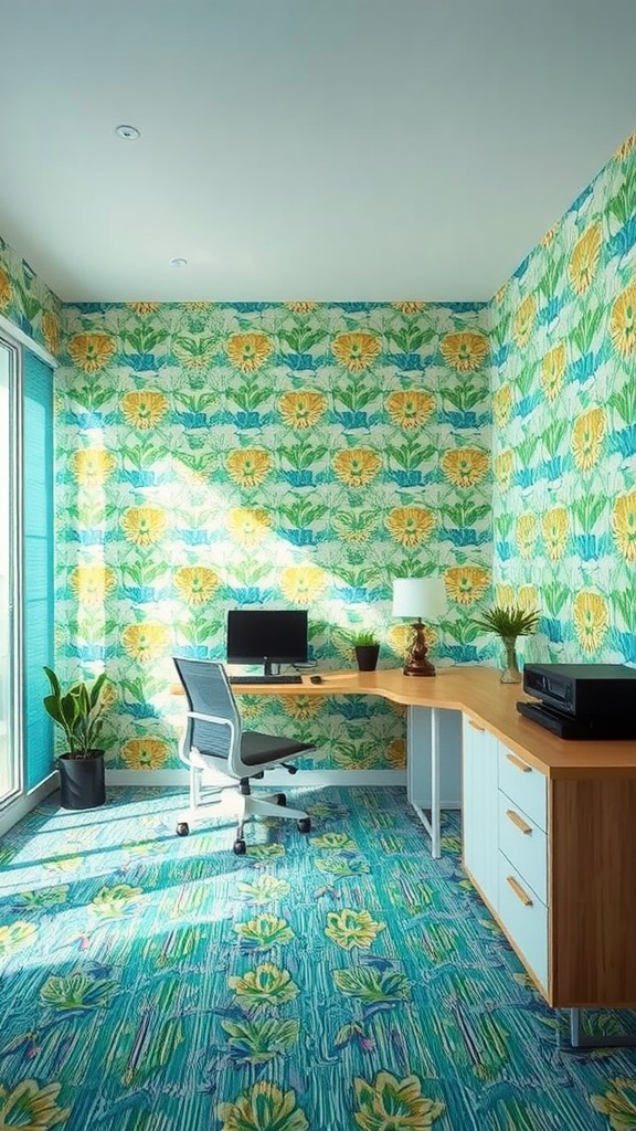 A vibrant home office and guest room featuring bold floral wallpaper and patterned flooring.