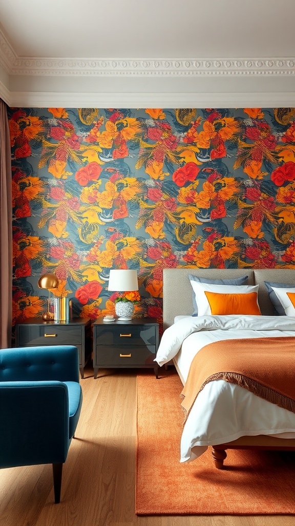 A stylish bedroom featuring a bold floral statement wall with vibrant colors, modern furniture, and cozy bedding.