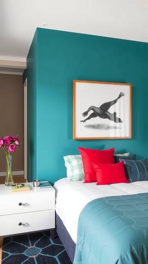 A bedroom featuring a bold teal feature wall with dark bedding and colorful cushions.