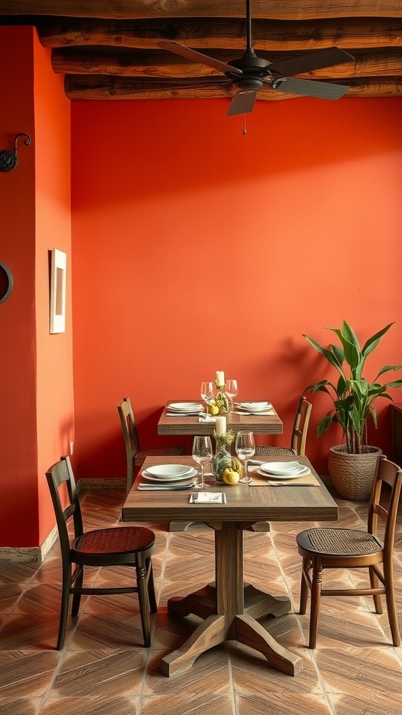 Dining area featuring a bold terracotta wall, wooden table, and chairs.