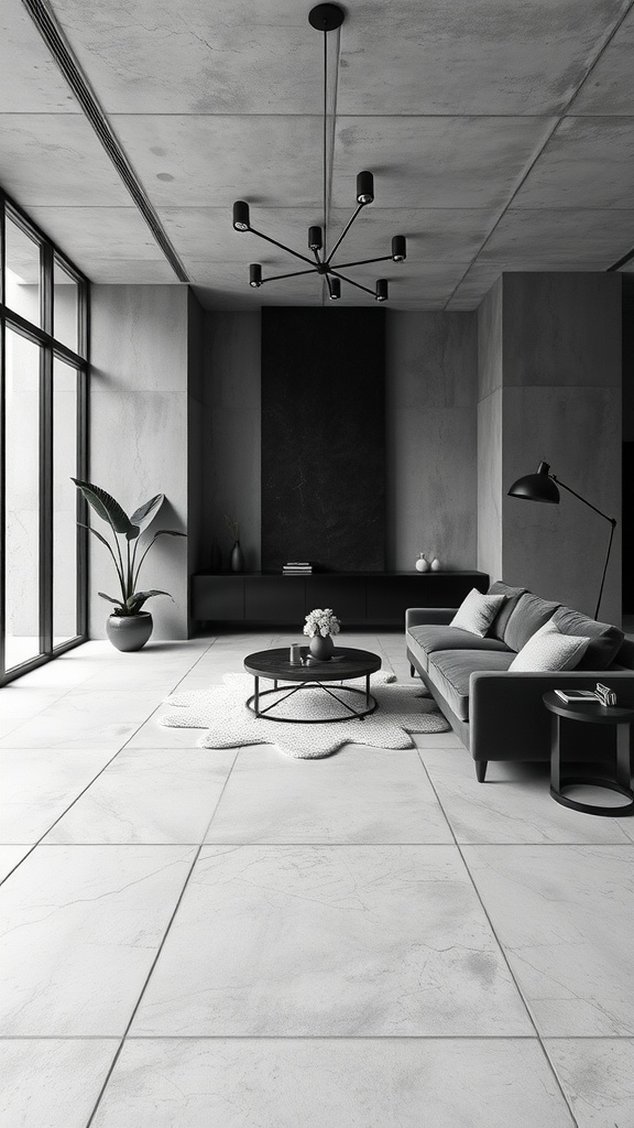 A modern living room featuring concrete walls, a velvet sofa, and a black coffee table, designed in a monochrome palette.