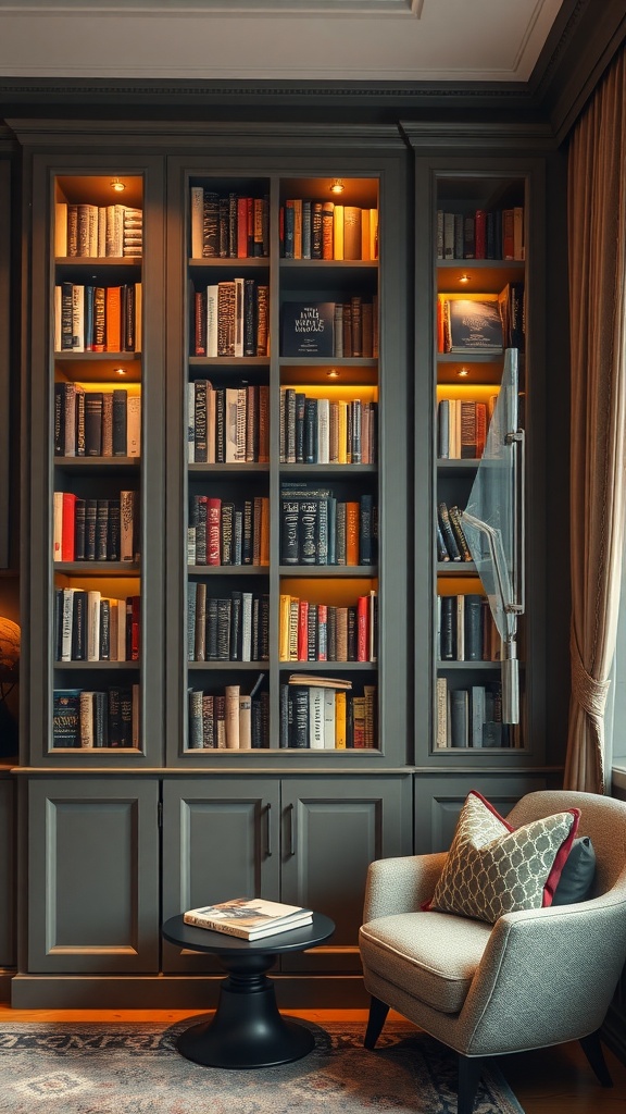 A stylish home library showcasing books behind glass doors with soft lighting and comfortable seating.