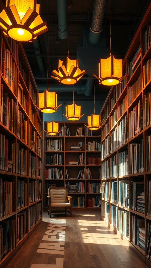 A home library with unique book-themed pendant lighting fixtures illuminating the space.