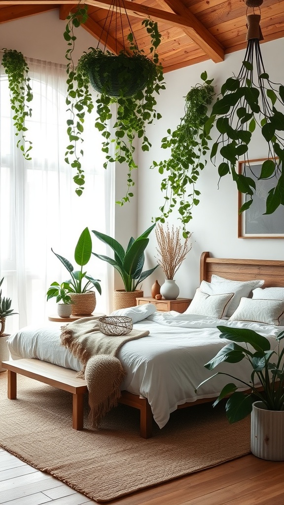 A serene master bedroom featuring a bed surrounded by various plants, natural light, and a wooden ceiling fan.