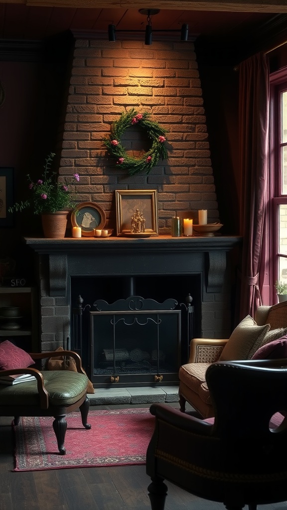 Cozy hearth corner with a brick fireplace, greenery, candles, and inviting seating