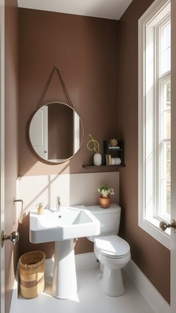 A small bathroom with Branchport Brown walls, a white sink, a round mirror, and natural light coming through the window.