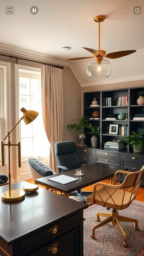 A stylish home office featuring brass fixtures, a ceiling fan, and elegant furniture.