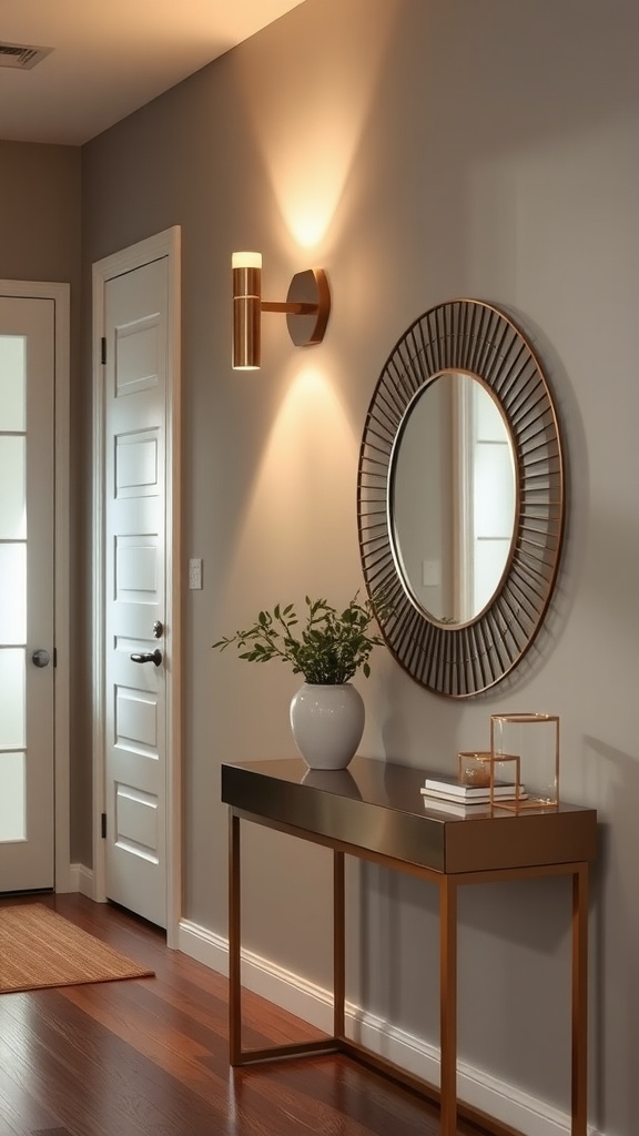 A stylish entrance hall featuring a brass wall-mounted torchiere, a round mirror, a potted plant, and a modern console table.