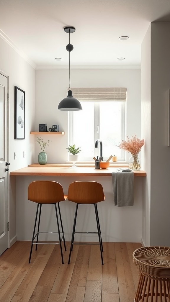 A cozy breakfast bar with orange stools and a simple design in a small kitchen.