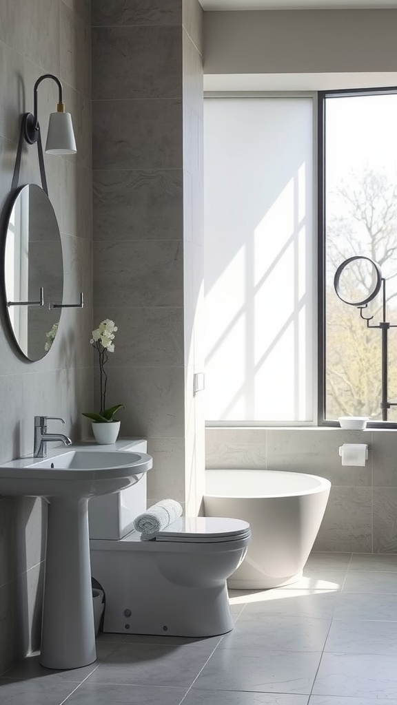 A beautifully lit gray and white bathroom featuring a freestanding tub, large window, and modern fixtures.