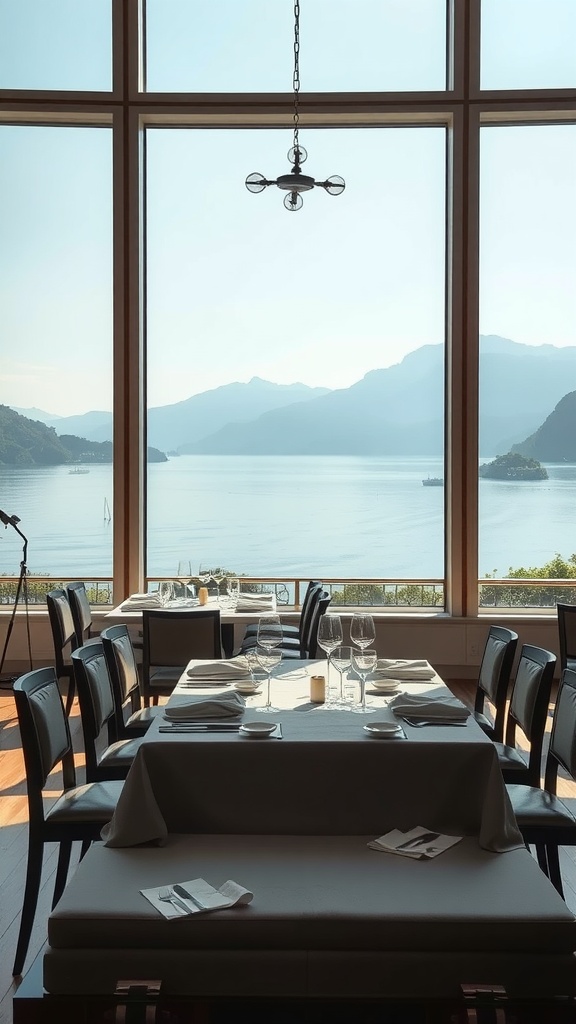 A luxurious dining room overlooking Lake Como, featuring large windows framing the scenic view of the lake and mountains.