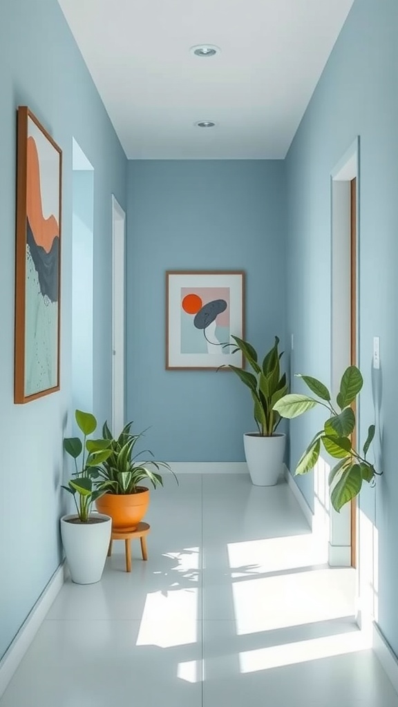 A bright hallway with breezy blue walls, framed artwork, and potted plants.