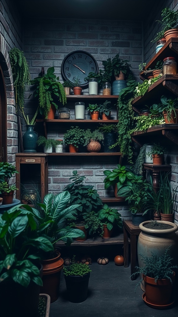 A cozy herb sanctuary with brick walls, wooden shelves full of plants, and a clock on the wall.