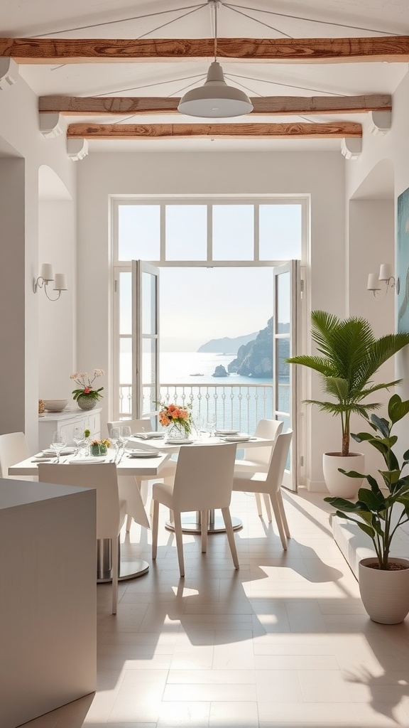 Bright and airy dining room in a coastal setting with a view of the sea in Positano.