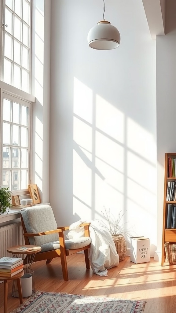 A bright and airy loft reading nook with a cozy chair, soft blanket, side table, bookshelves, and plants.