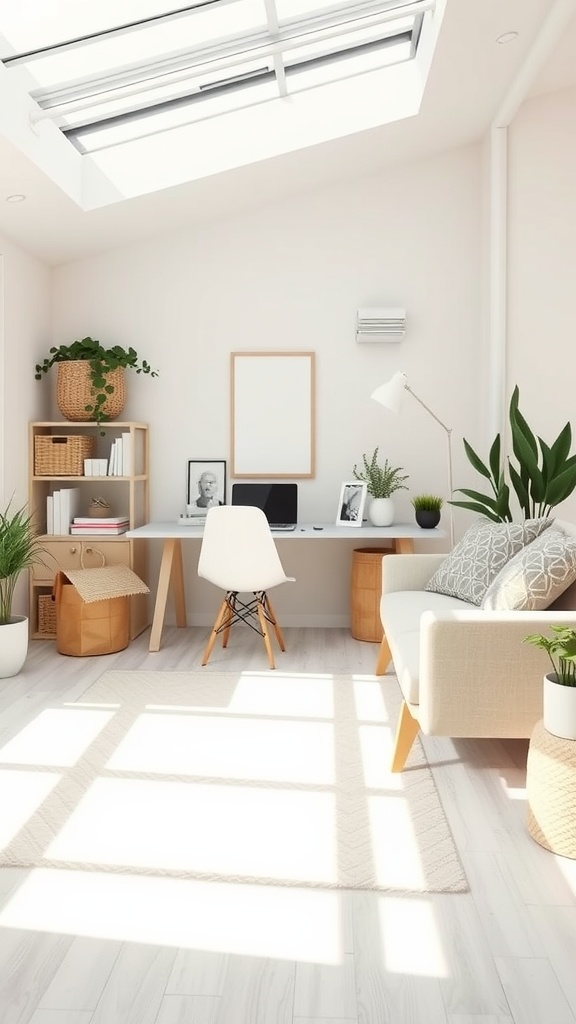 A bright home office featuring a cozy couch, desk, and plenty of natural light.