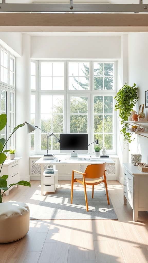 A bright and airy home office featuring a white desk, orange chair, large windows, and plants.