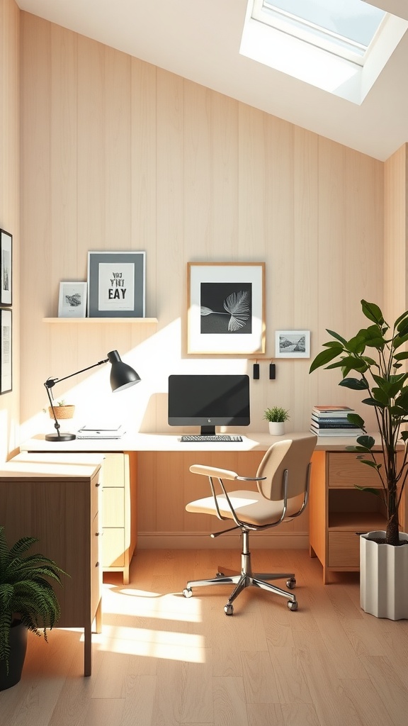 A Scandinavian-style home office featuring light wood paneling, a sleek desk with a computer, a desk lamp, and a potted plant, illuminated by natural light from a skylight.