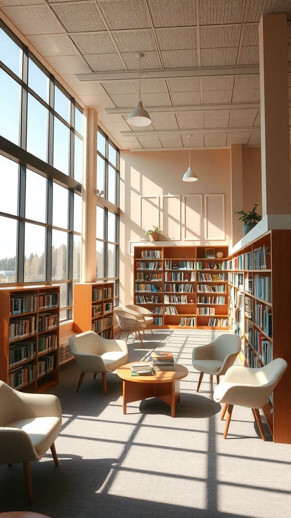 A bright and airy reading room filled with natural light, featuring large windows, cozy seating, and bookshelves.