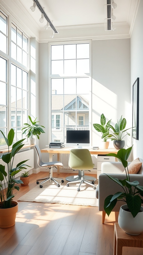 A bright and airy home office setup with large windows, plants, and a stylish desk.