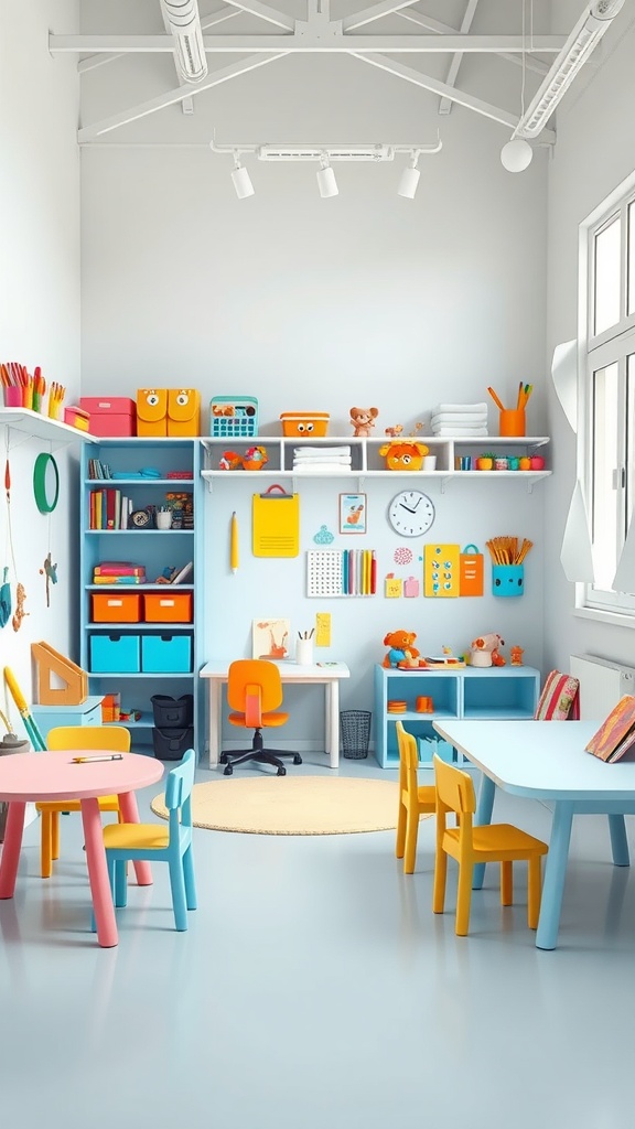Bright and cheerful children's creative workspace with colorful furniture, organized shelves, and artistic supplies.