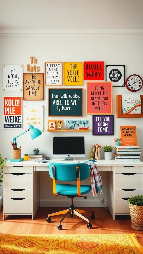 A colorful and cheerful small home office setup with a desk, computer, vibrant chair, and motivational wall art.
