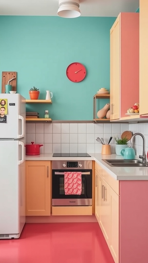 A bright and colorful small kitchen featuring turquoise walls and peach cabinets.